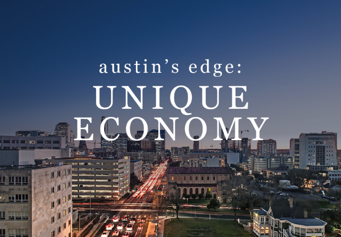 Austin skyline with text overlay, "Austin's Edge: Unique Economy"