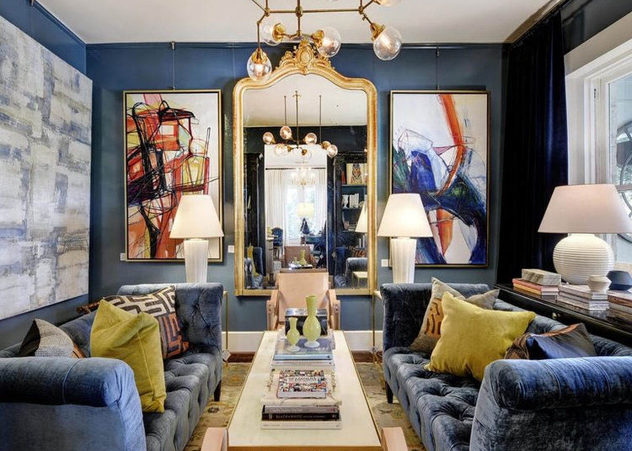 Living room with blue interiors