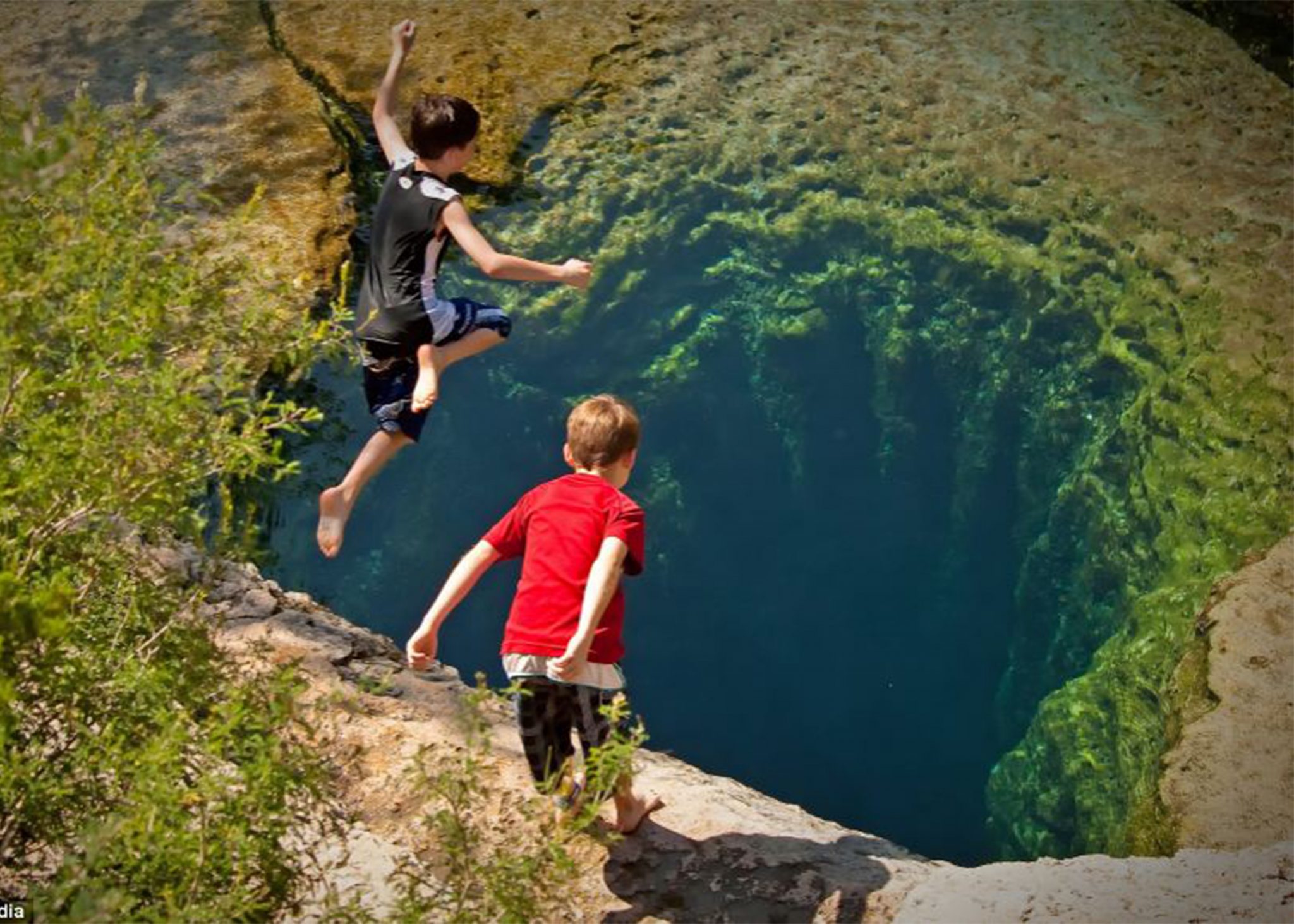 Kids jumping into a watering hole