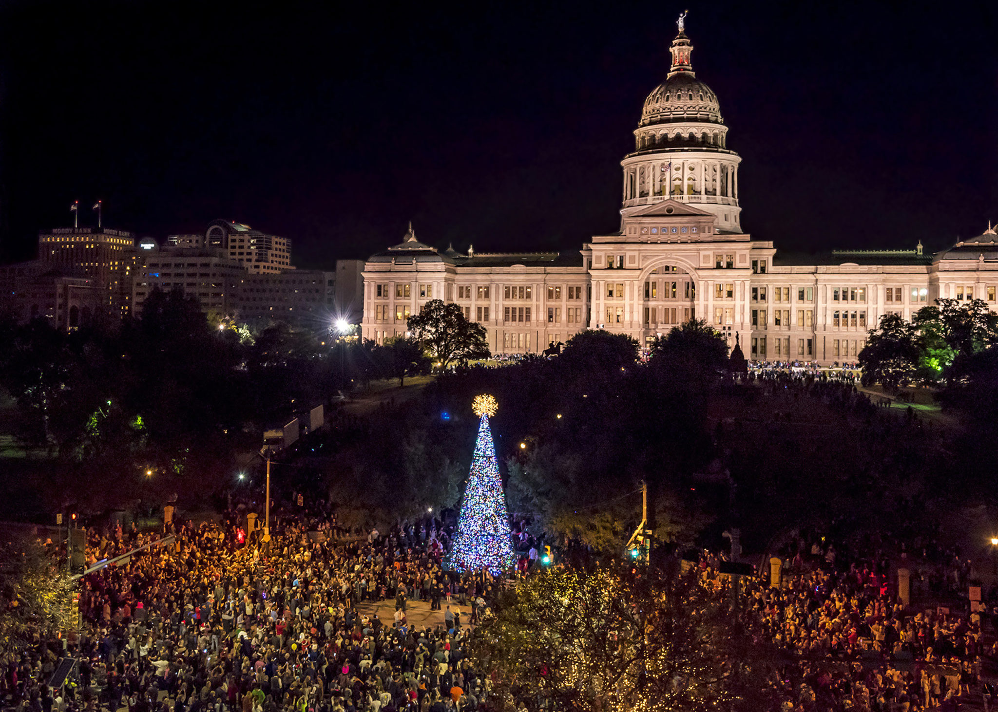 Texas State Capital with Christmas tree lit up in front