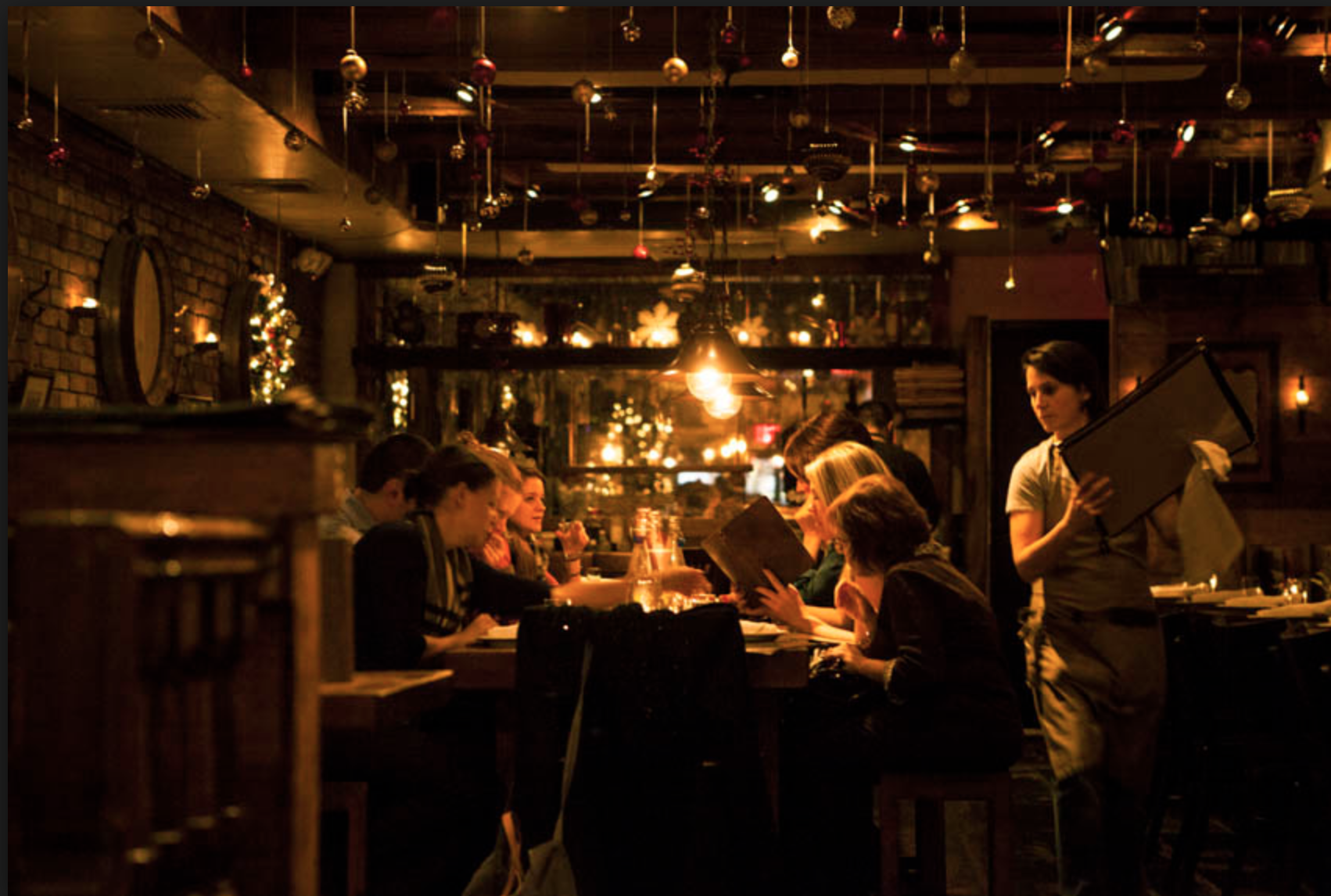 Inside a dark and moody restaurant