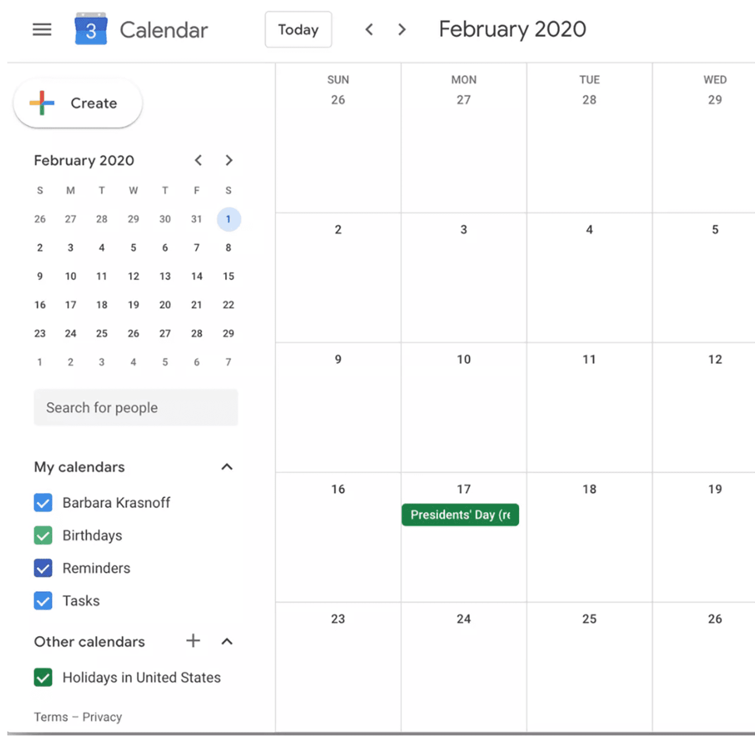 Google Calendar showing February 2020