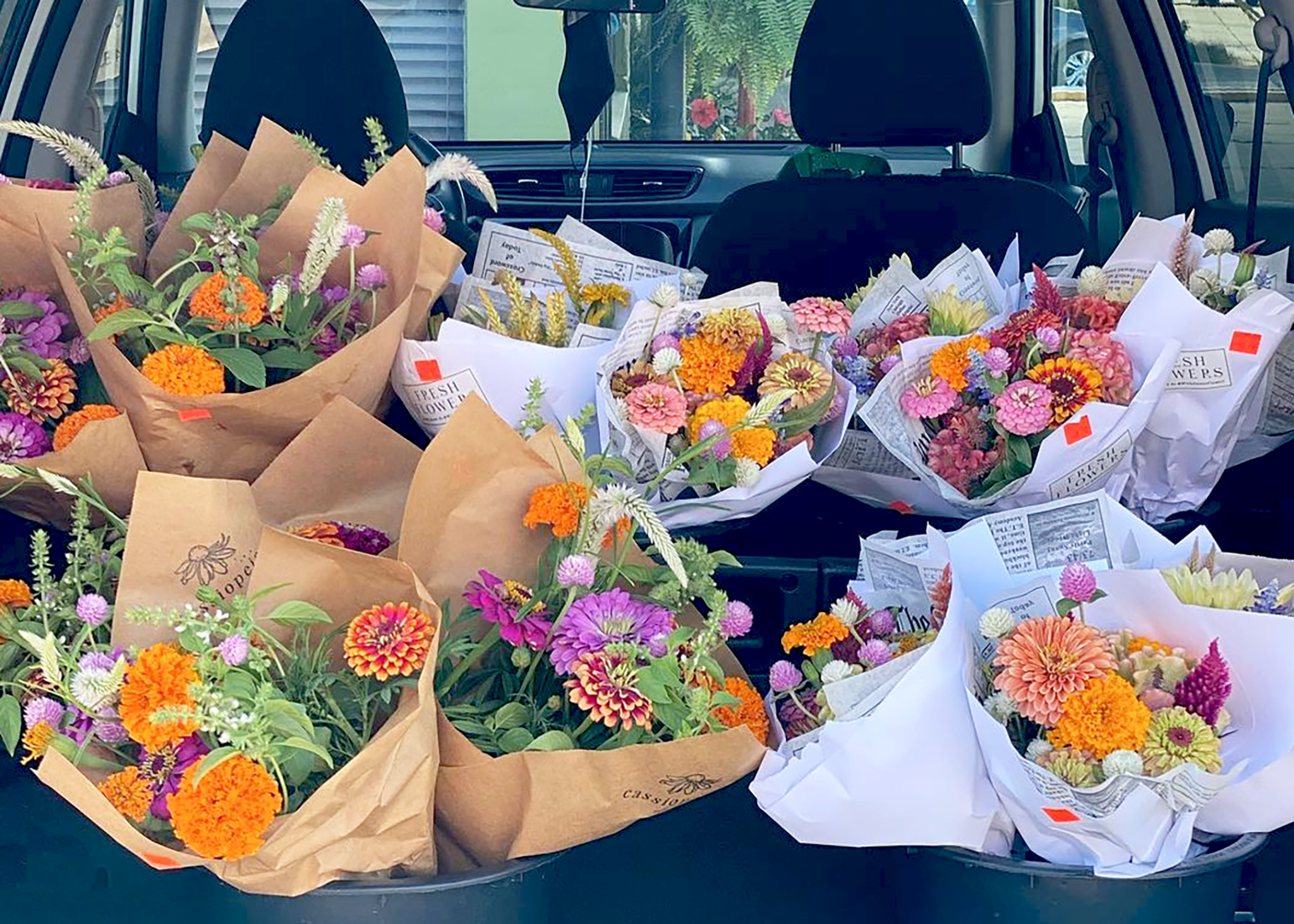 Bouquets in a van